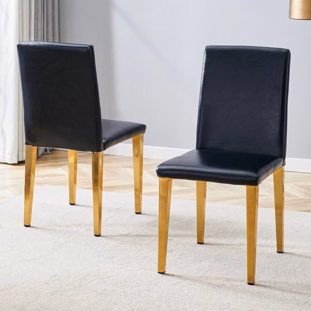 [Set di 2 sedie da pranzo minimaliste] Lusso europeo leggero in nero e oro: pelle PU nera + gambe in metallo dorato lucido, perfette per sale da pranz