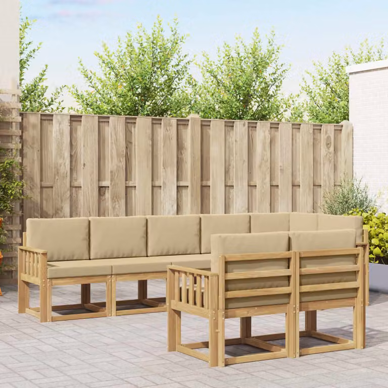 vidaXL Set di divani da esterno a L composto da 8 pezzi in legno di acacia con cuscini in poliestere bianco e beige