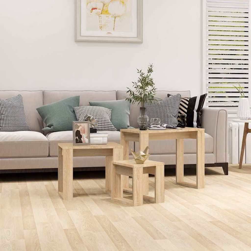 Set di 3 tavolini impilabili vidaXL in legno multistrato e MDF, colore rovere sonoma beige e marrone, design moderno per soggiorno o camera da letto
