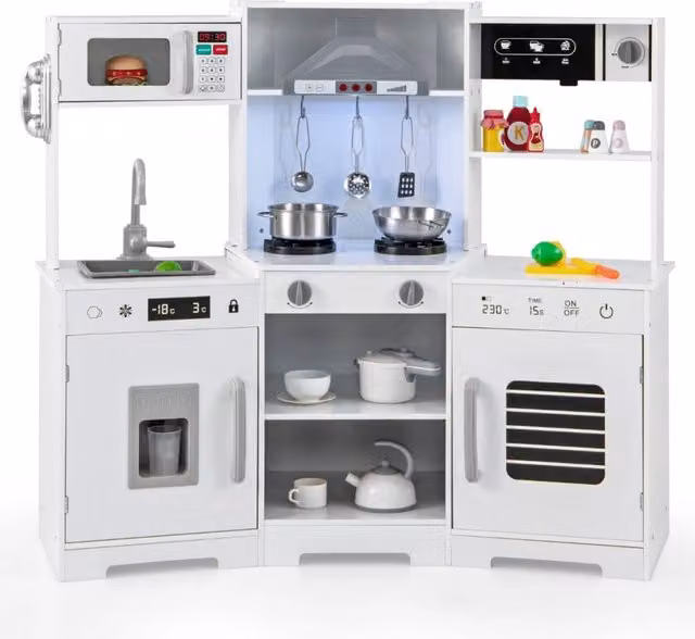 Set di cucina giocattolo in legno per bambini con cappa, lavello e rubinetto, colore bianco, H 92 cm x L 110 cm x P 43 cm