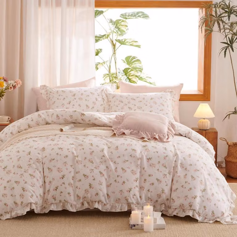 Set di lenzuola con volant, 155x220 cm, rosa, motivo floreale, microfibra, 2 pezzi, Oeko-Tex