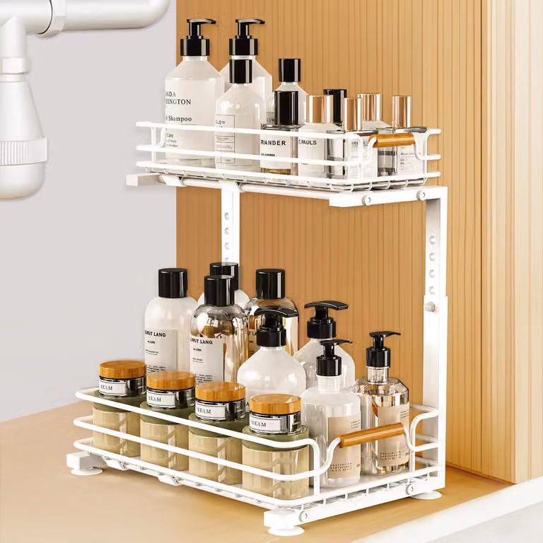 Organizzatore per armadi da cucina, 2 ripiani, metallo, da posizionare sotto il lavandino, regolabile in altezza, estraibile, colore bianco