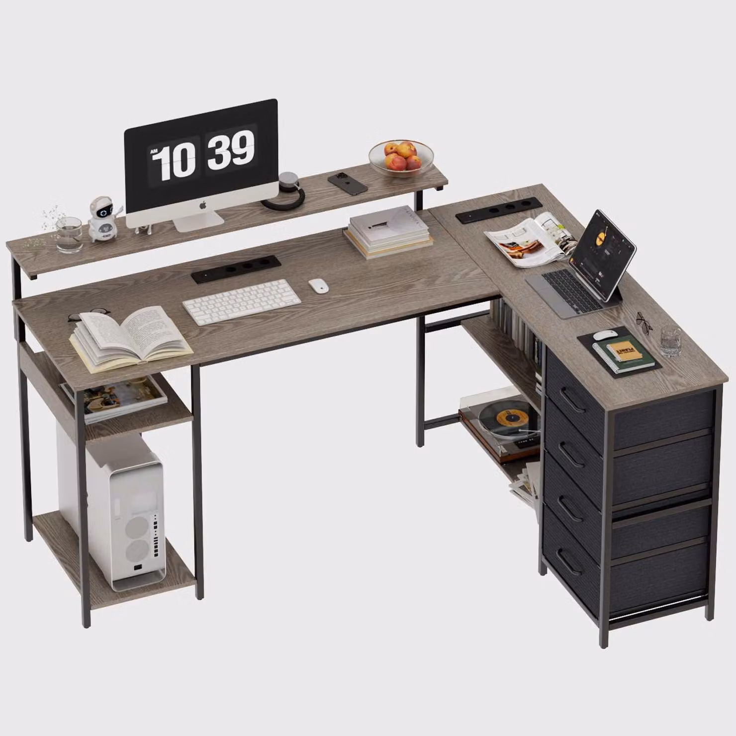 Scrivania angolare AIORBER con supporto per monitor e 4 cassetti; scrivania per computer con prese elettriche; scrivania da ufficio a casa a forma di L, grigia