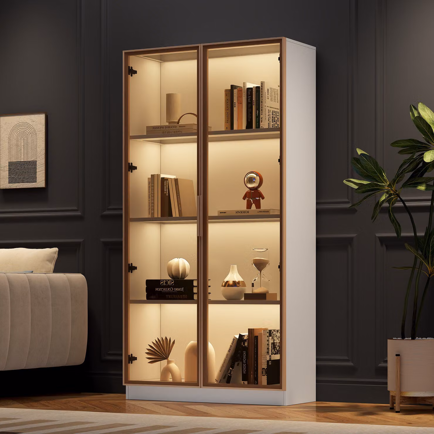 Vetrinetta Moderna con Ante in Vetro e Illuminazione Integrata, Ripiani Interni e Doppie Porte, L: 80 cm, P: 40 cm, H: 160 cm, Bianco e Marrone – 2