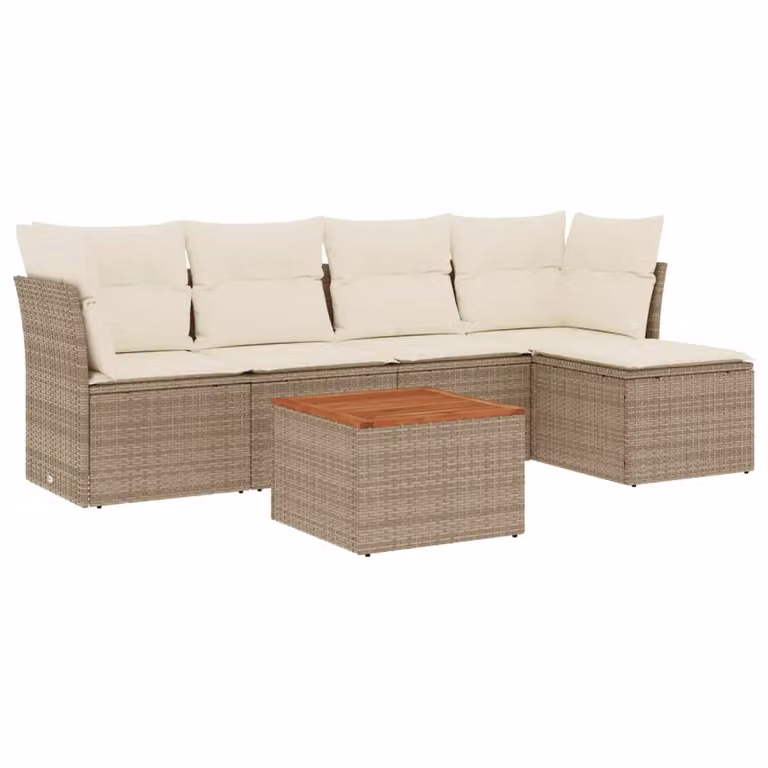 vidaXL Set Divano da Giardino a L in Polyrattan Beige con Cuscini e Ottoman 6 pz
