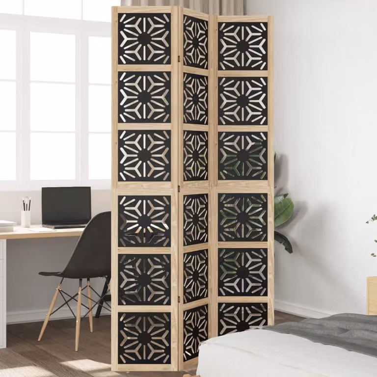 vidaXL Divisorio Ambienti Moderno a 3 Pannelli in Legno di Paulownia Massello, Marrone e Nero, H: 180 cm, L: 220 cm, P: 3 cm