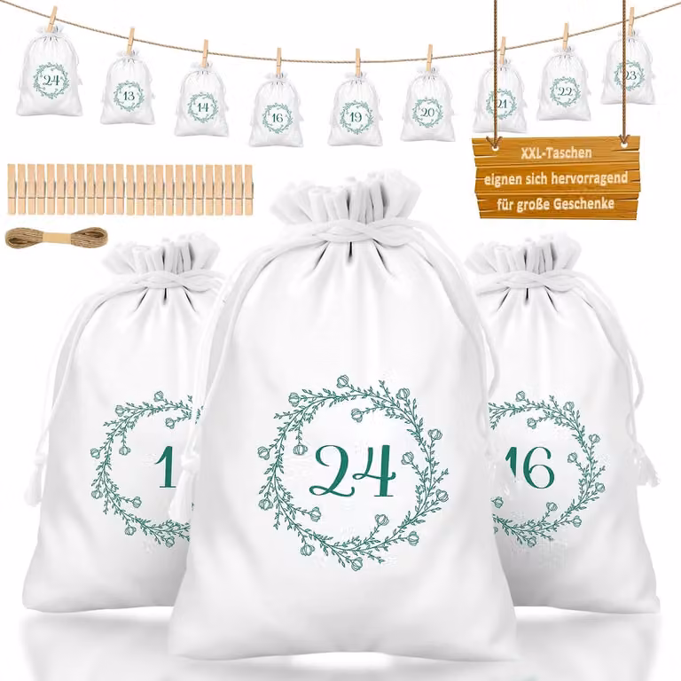 Calendario dell'Avvento premium XXL, da riempire: 24 sacchetti di tessuto bianchi. Calendario dell'Avvento disponibile in 2 diverse dimensioni