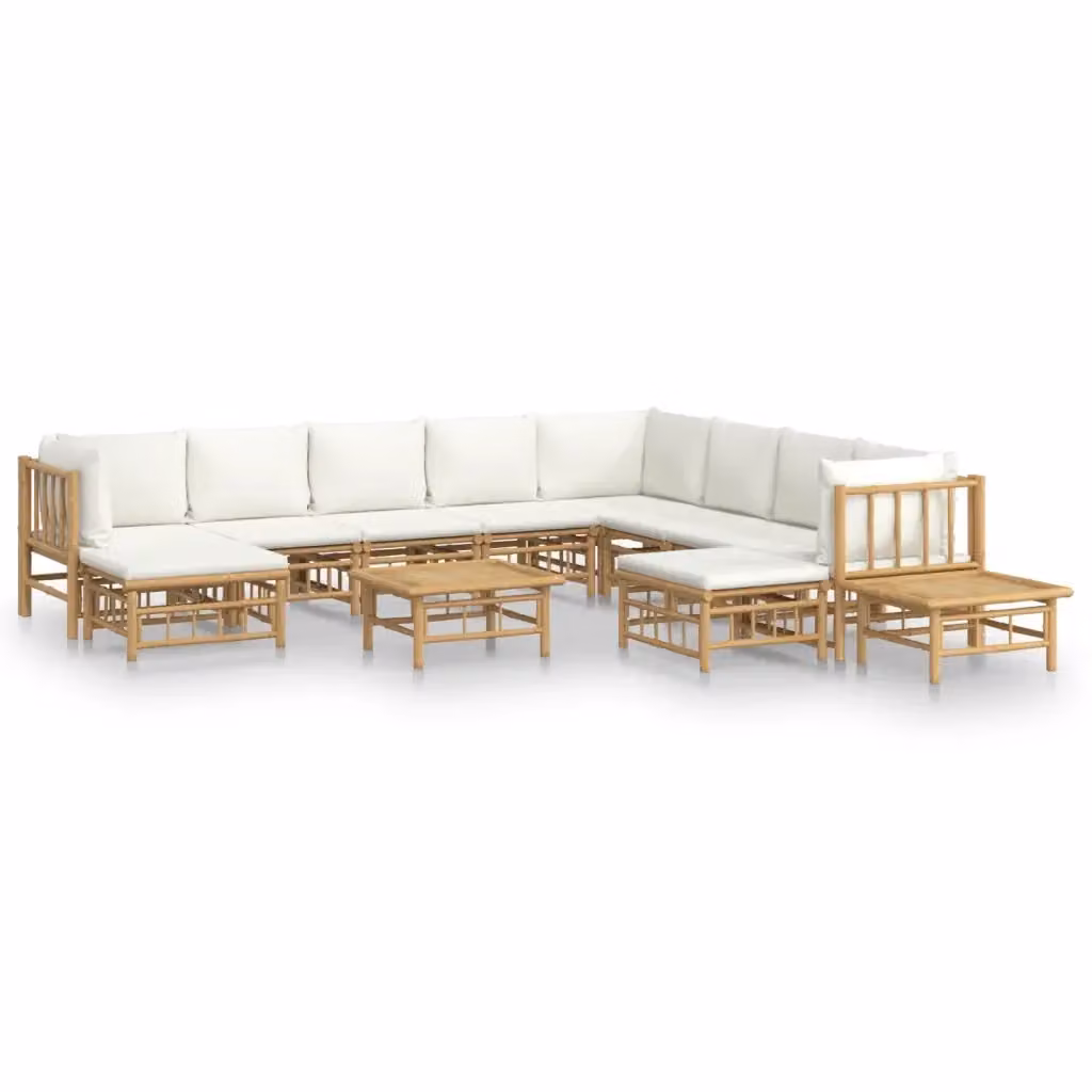 Set Salotto da Giardino vidaXL in Bambu con Cuscini Bianco e Beige 12 Pezzi – 2