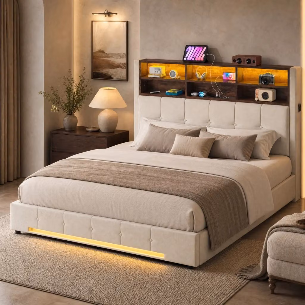 Letto matrimoniale moderno in velluto beige con contenitore, porta USB, illuminazione LED e ripiani laterali, L/P: 160 x 200 cm – 2