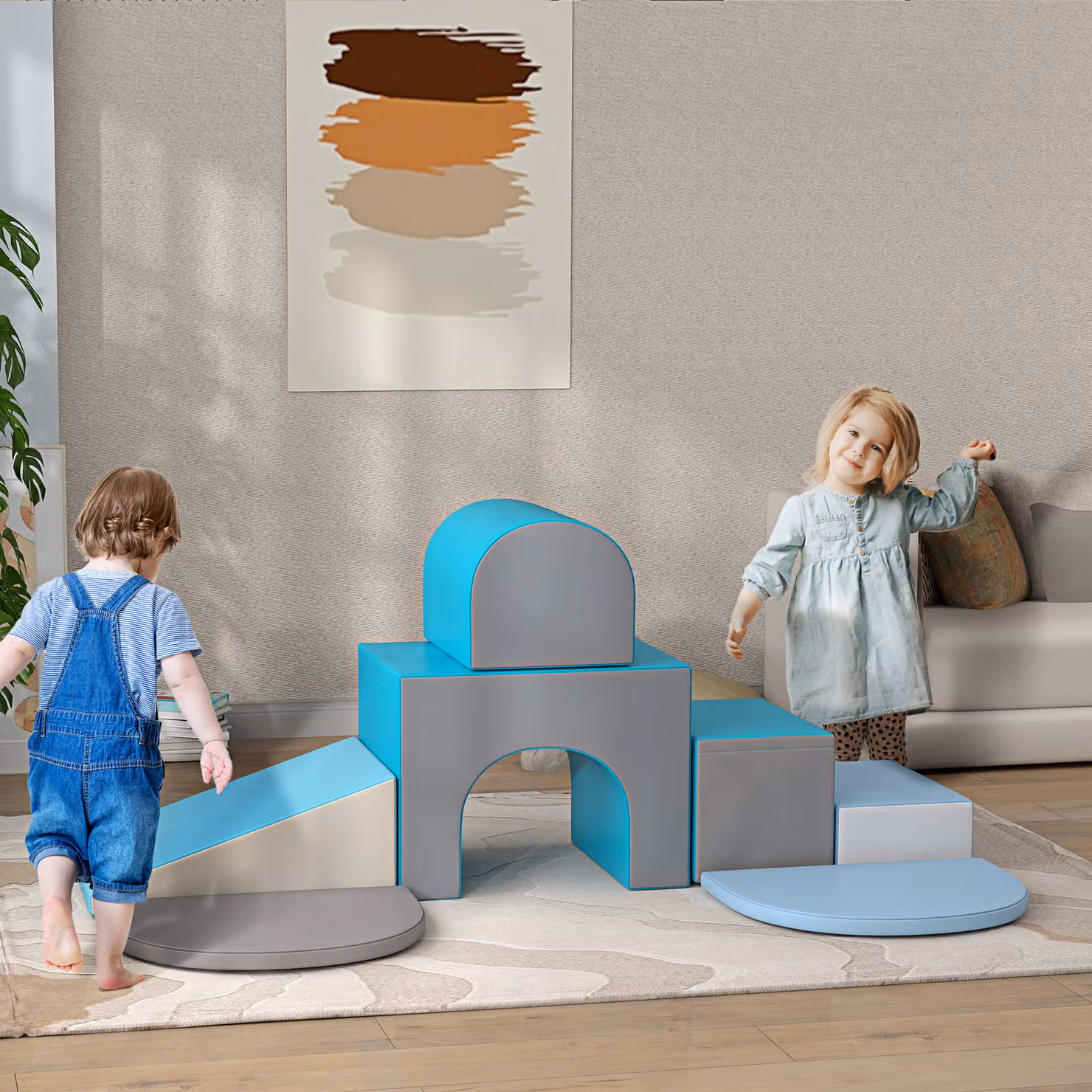 Set da gioco per bambini HOMCOM con 7 blocchi colorati in schiuma PU e EPE, Blu e Grigio, L/P/H: 170 x 130 x 40 cm – 2