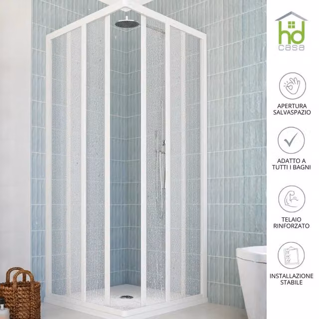 Box doccia angolare reversibile Camelia Hdcasa con pannelli in acrilico da 2 mm, colore bianco