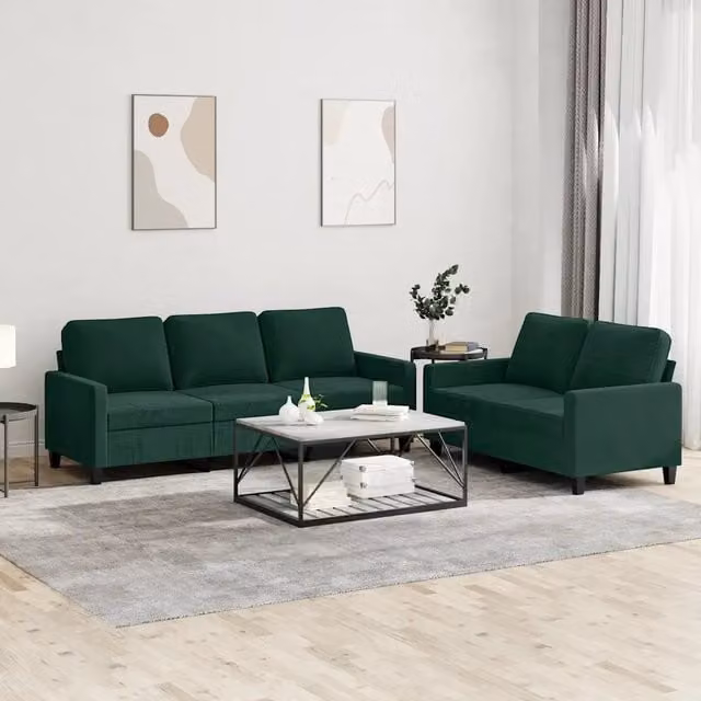 Set di divani vidaXL in velluto verde composto da un divano a 2 posti e un divano a 3 posti con cuscini coordinati per il tuo soggiorno moderno