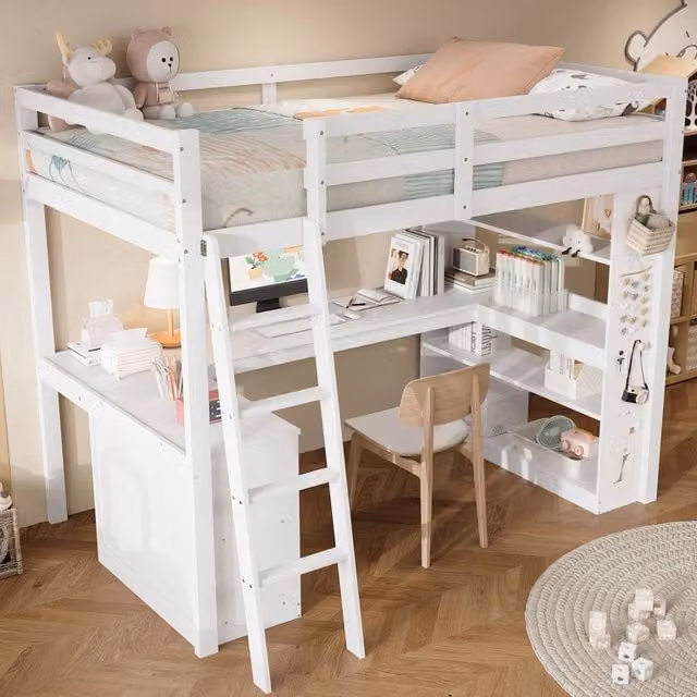 Letto a soppalco per bambini 90×200 cm con ripiani, scala e barriera, senza materasso, in legno, bianco