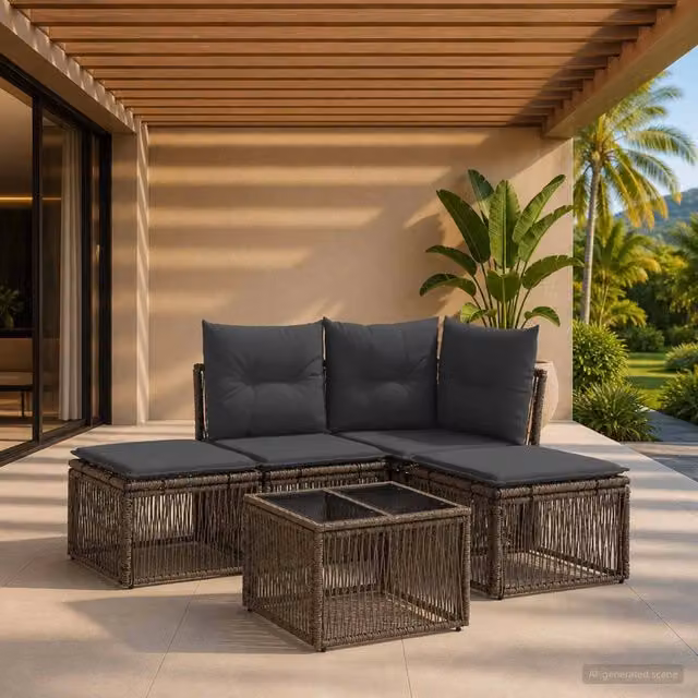 Set Divano da Giardino vidaXL a Forma di L con Tavolino e Pouf, Colore Grigio, Polyrattan e Acciaio Verniciato a Polvere – 1
