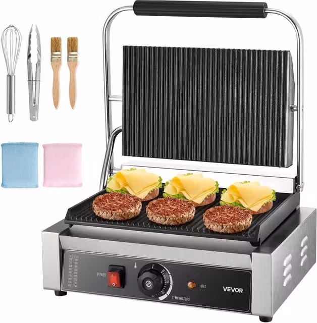 Piastra Elettrica per Panini 2200W in Acciaio Inox con Piastra Scanalata 34x23cm Termostato Regolabile per Bar e Cucina
