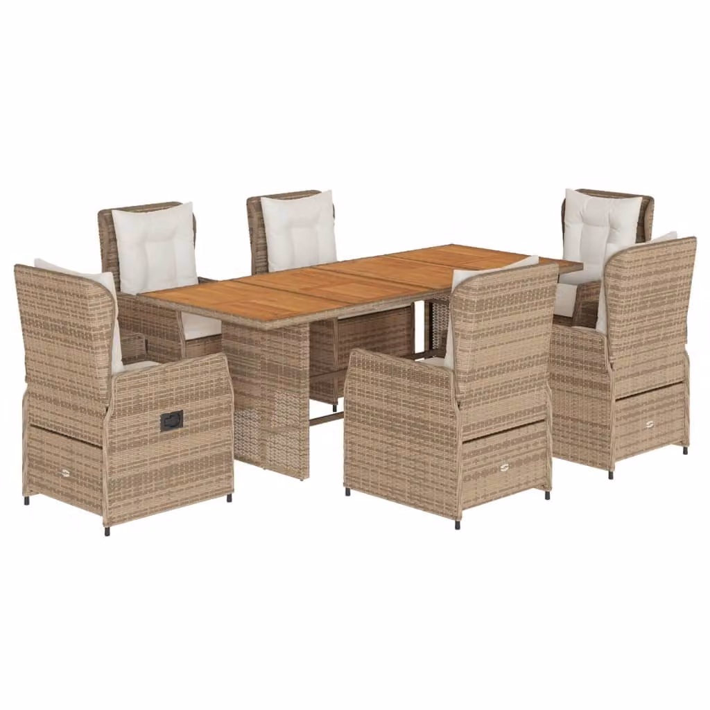 Set da Pranzo da Giardino 7 pz con Cuscini Beige in Polyrattan