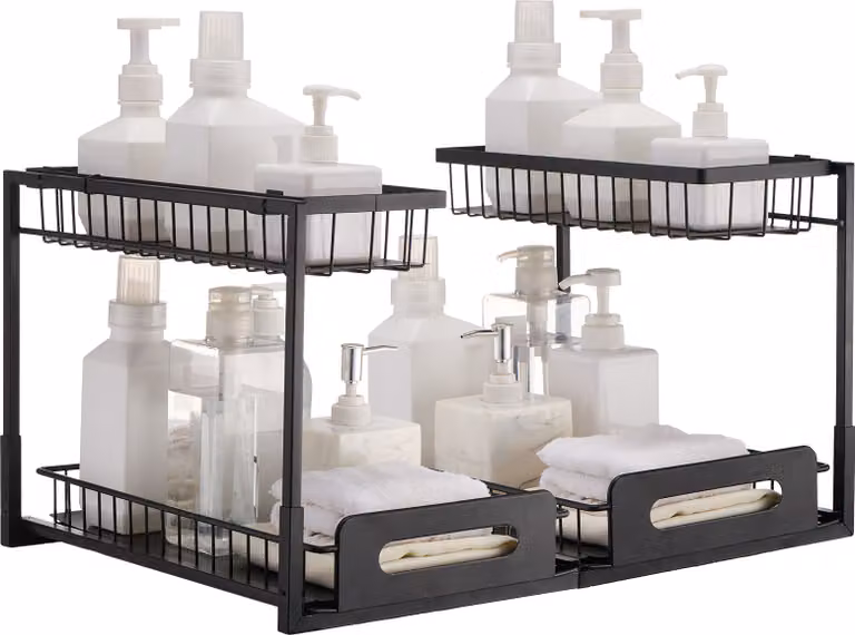 SucceBuy Organizzatore per armadio estraibile a 2 livelli (27,6 cm L x 36,6 cm P), organizzatore e contenitore sotto il lavello. Organizzatore per armadi con cassetto estraibile. Ripiano scorrevole con cestino in filo metallico
