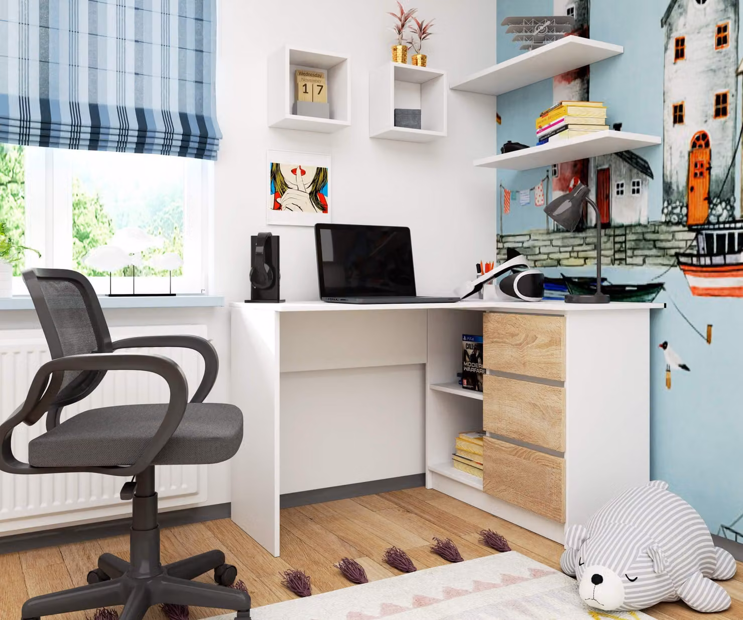 Scrivania angolare da 124 cm con 3 cassetti, scrivania per computer a forma di L, mobile angolare a 2 scomparti