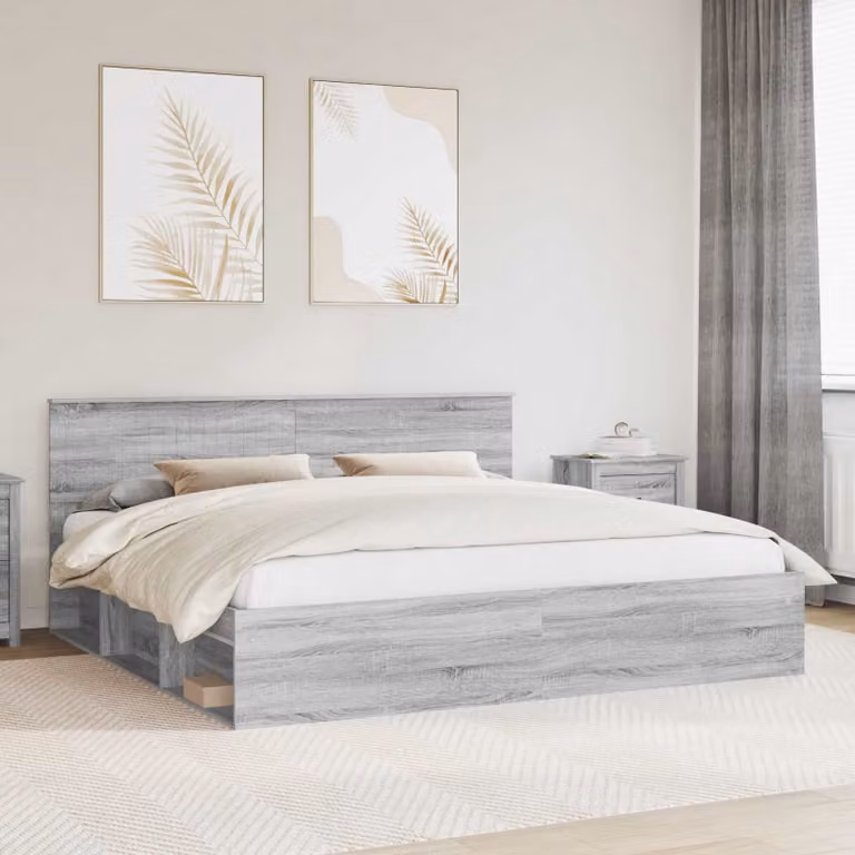 Struttura del letto vidaXL in pino e legno con contenitore, colore grigio, 200 x 200 cm