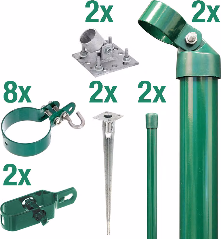 Alberts 600853 Set di collegamento per cancello in filo metallico e recinzione in rete metallica, set, 2s, zinco-fosfatato verde, con manicotto di fissaggio a terra, Ø del cancello: 76 mm, altezza della recinzione: 12 cm