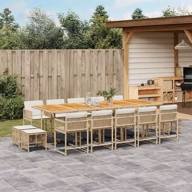 Set da Pranzo da Giardino vidaXL in Polyrattan e Legno di Acacia con 15 Pezzi e Cuscini Beige
