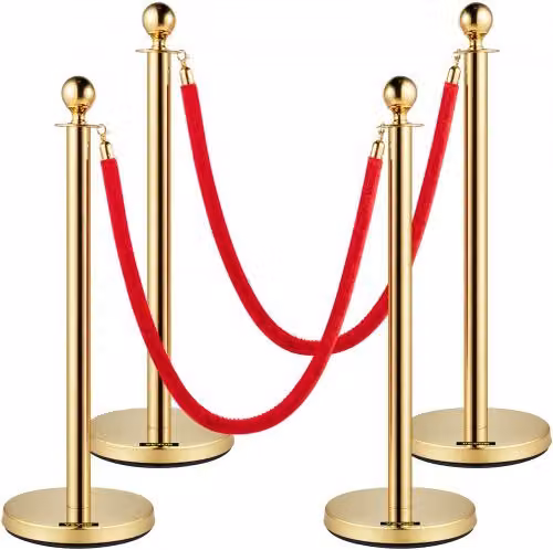 Set di 4 barriere per controllo della folla VEVOR con pali in acciaio inox dorato e corda in velluto rossa, lunghezza corda: 1,5 m