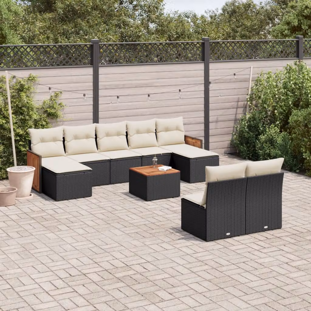 Set di divani da giardino vidaXL a forma di U composto da 10 pezzi con cuscini, tavolino da caffè e pouf in polyrattan nero e bianco – 1