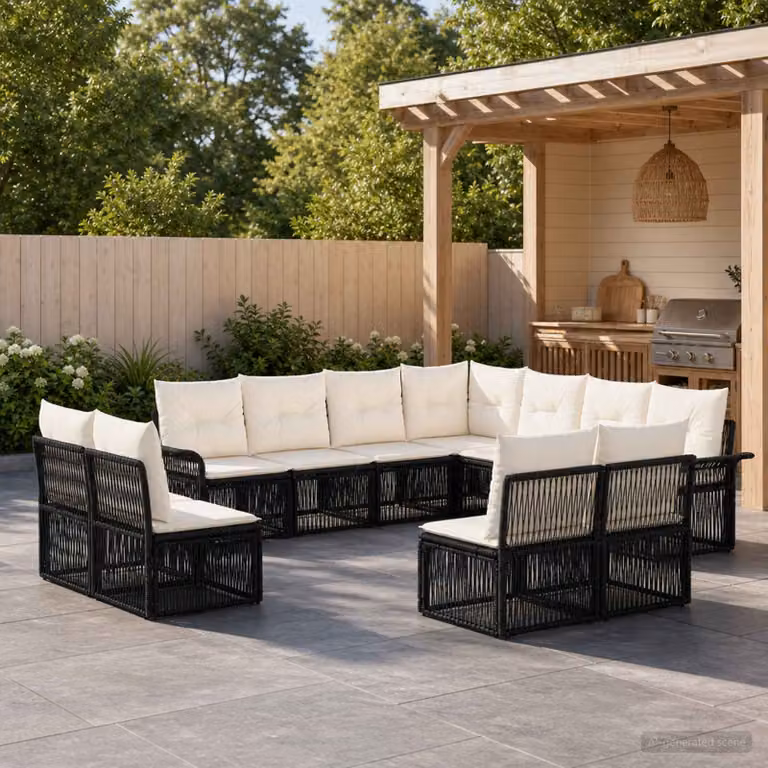 Set Divano da Giardino vidaXL 11 pz a Forma a U in Polyrattan Nero con Cuscini Imbottiti e Struttura in Acciaio