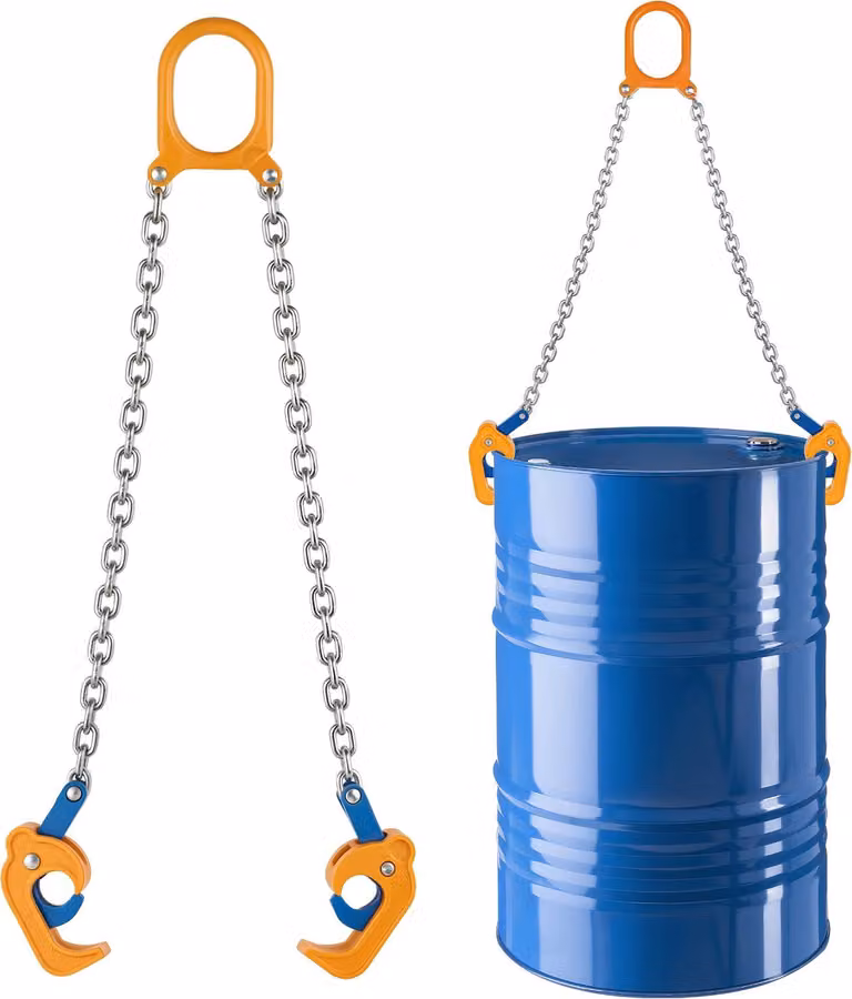 Sollevatore per fusti / Pinza per fusti - G80 Sospensione a catena - Capacità di carico 900 kg - Gancio di sicurezza - Lunghezza 50 cm - Acciaio al carbonio - Per fusti in plastica e metallo