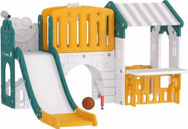 AIYAPLAY Scivolo 7-in-1 per bambini con struttura da arrampicata, casetta, lavagna e canestro da basket, ideale per interno ed esterno, in plastica, Giallo e Verde