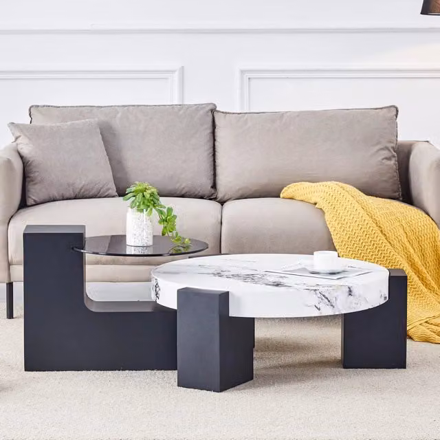 Set di tavolini da divano MIVRAY con piano rotondo in vetro effetto marmo bianco e gambe nere in MDF