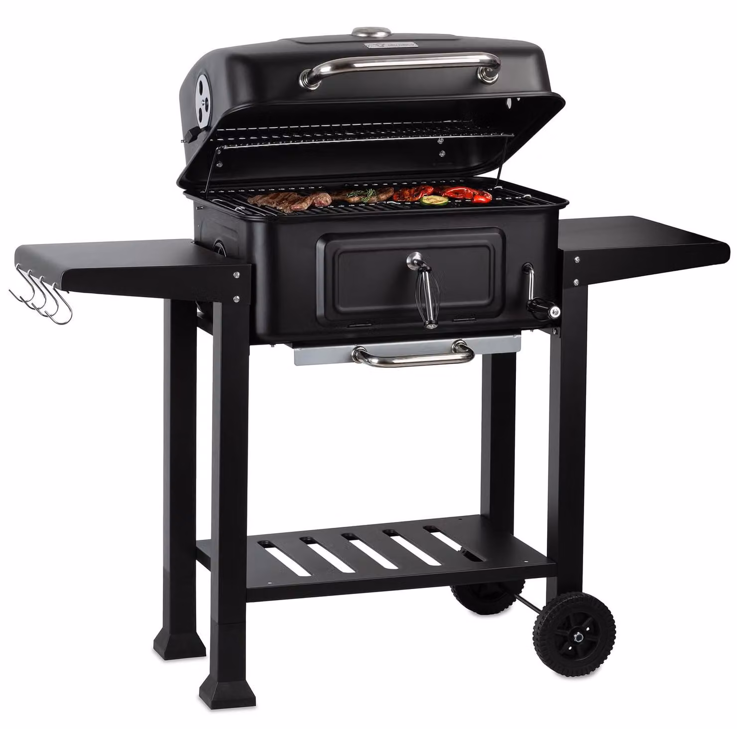 Barbecue a carbonella - Griglia a carbone con carrello e termometro - 54 x 42,5 cm - Nero - Per terrazzo, balcone e giardino