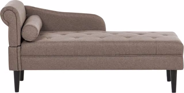 Chaise longue sinistra in tessuto tortora imbottita con cuscino facile da pulire, gambe in legno, soggiorno moderno