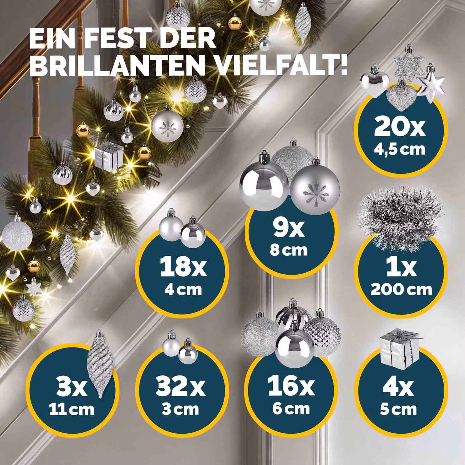 Set da 103 palline di Natale Deuba® argento con decorazioni a cuori e stelle in plastica per il tuo albero – 3