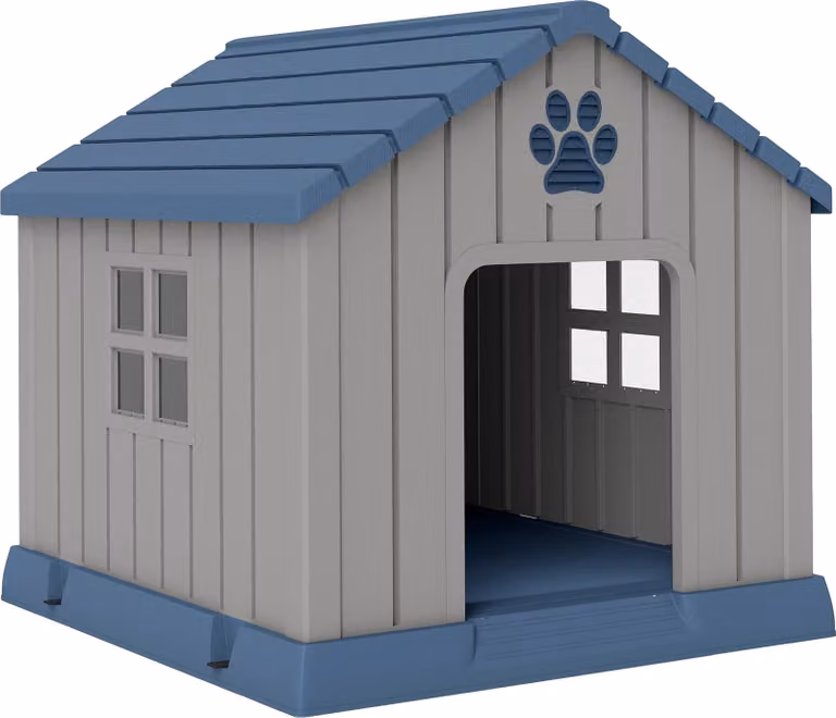 PawHut Casetta per cani da esterno in polipropilene impermeabile, ventilata, ultra facile da montare, casetta per cani da esterno, pavimento rialzato e prese d'aria, giardino, terrazza, interno, grigio