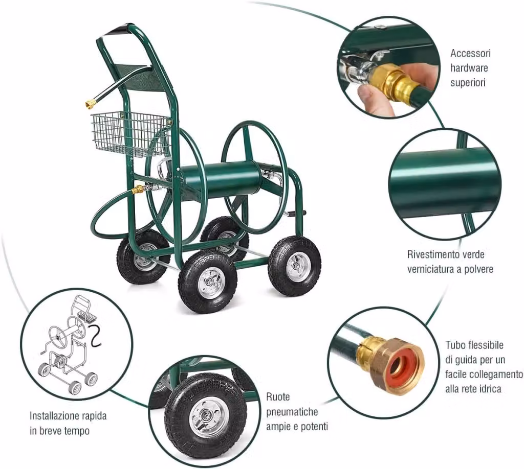 Costway Carrello Avvolgitubo Professionale da Giardino in Metallo Verde con Ruote e Avvolgimento Manuale – 2