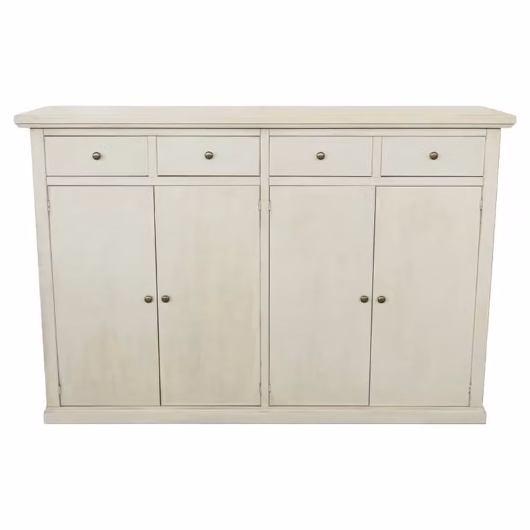 Madia credenza in legno di pino stile shabby chic color avorio anticato con 4 porte e 4 cassetti Mobili 2G L: 160 cm, P: 35 cm, H: 110 cm