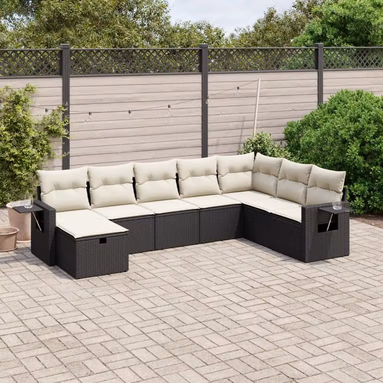 Set di divani da giardino vidaXL a forma di L con 8 pezzi, polyrattan nero e cuscini bianchi con coperture rimovibili