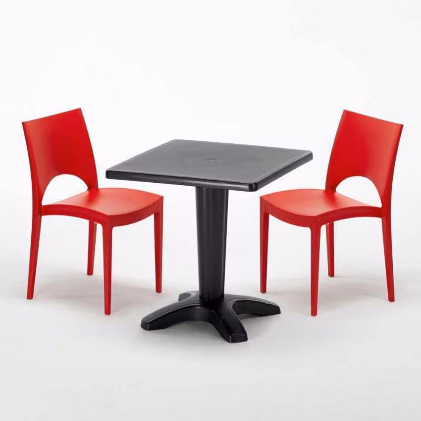 Tavolo quadrato nero e 2 sedie in polipropilene colorato Set di bastoni per interni Grand Soleil Paris Aia - Rosso