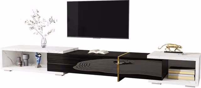 Mobile TV Chicfurn allungabile con rotazione e vano contenitore per soggiorno in MDF e pannelli di particelle Nero e Bianco marmo con dettagli Gold – 1