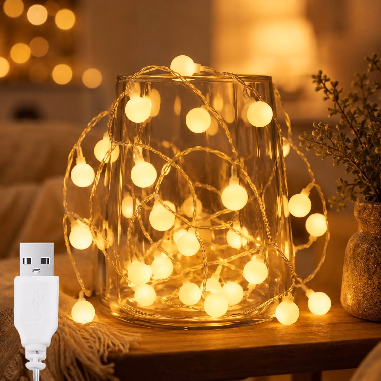 Catena luminosa con 10 LED a luce calda, lunghezza 1,5 metri, alimentazione USB