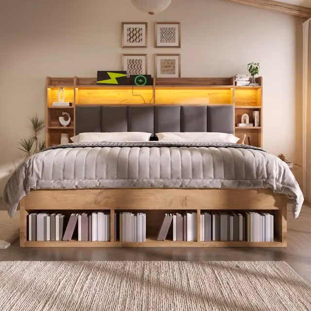 Letto matrimoniale 160×200 cm con LED regolabile, prese USB e tipo C, cassetti e comodini mobili, senza materasso