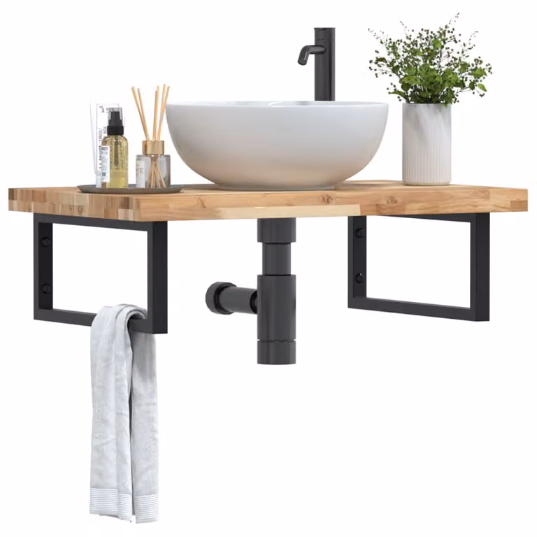 vidaXL Ripiano a Parete per Lavabo in Accacia e Metallo, Nero e Marrone, L: 50 cm, P: 24 cm, H: 3 cm