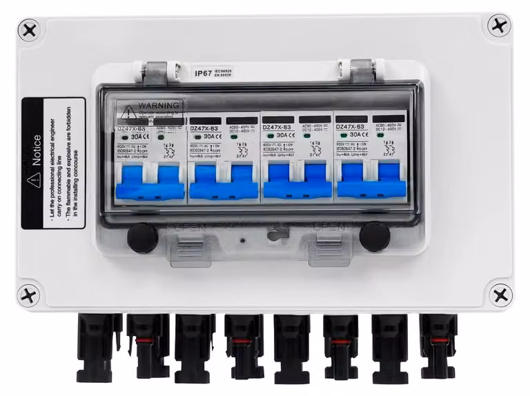 Scatola di combinazione fotovoltaica per impianti solari - Sezionatore CC 30 A - Quattro stringhe On/Off - Impermeabile IP67 - CC 12–400 V - Montaggio a parete - Involucro in PC - Bianco