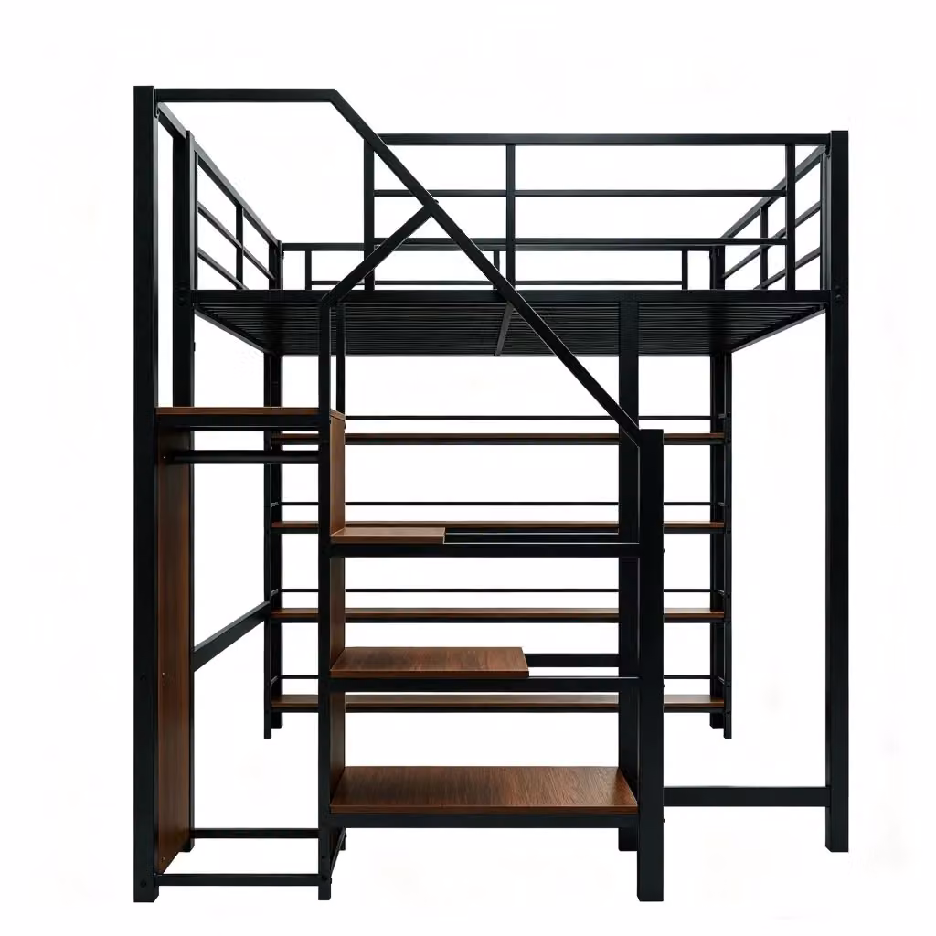 Letto a soppalco in metallo e MDF nero con scala contenitore, armadio e ripiani, L/P/H: 200 x 140 x 170.5 cm – 2