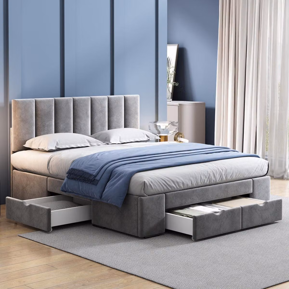 Letto imbottito in velluto 140x200 cm con 4 cassetti e rete a doghe, grigio, testiera regolabile in altezza, telaio letto con vano contenitore (senza materasso)