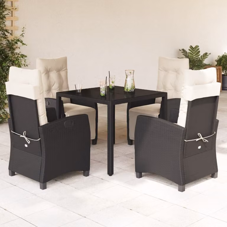 vidaXL Set da Pranzo da Giardino 5 pz in Polyrattan Nero con Cuscini e Tavolo in Vetro