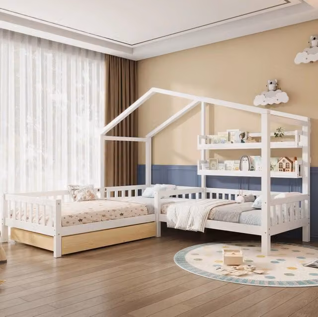 Letto a casetta a L con cassetto e ripiani; 200x90 cm e 140x70 cm; pino e MDF; bianco