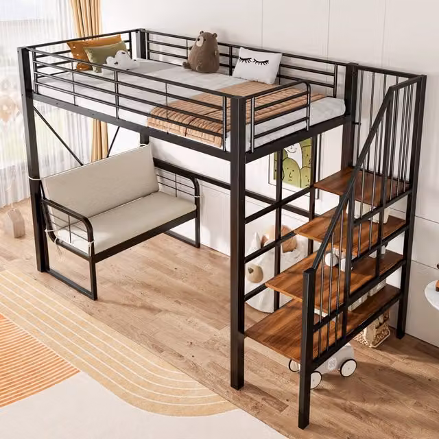Letto a castello WISHDOR in metallo e MDF con divano imbottito rimovibile, scala contenitore e design salvaspazio, colore nero, L/P/H: 200 x 90 x 170 cm