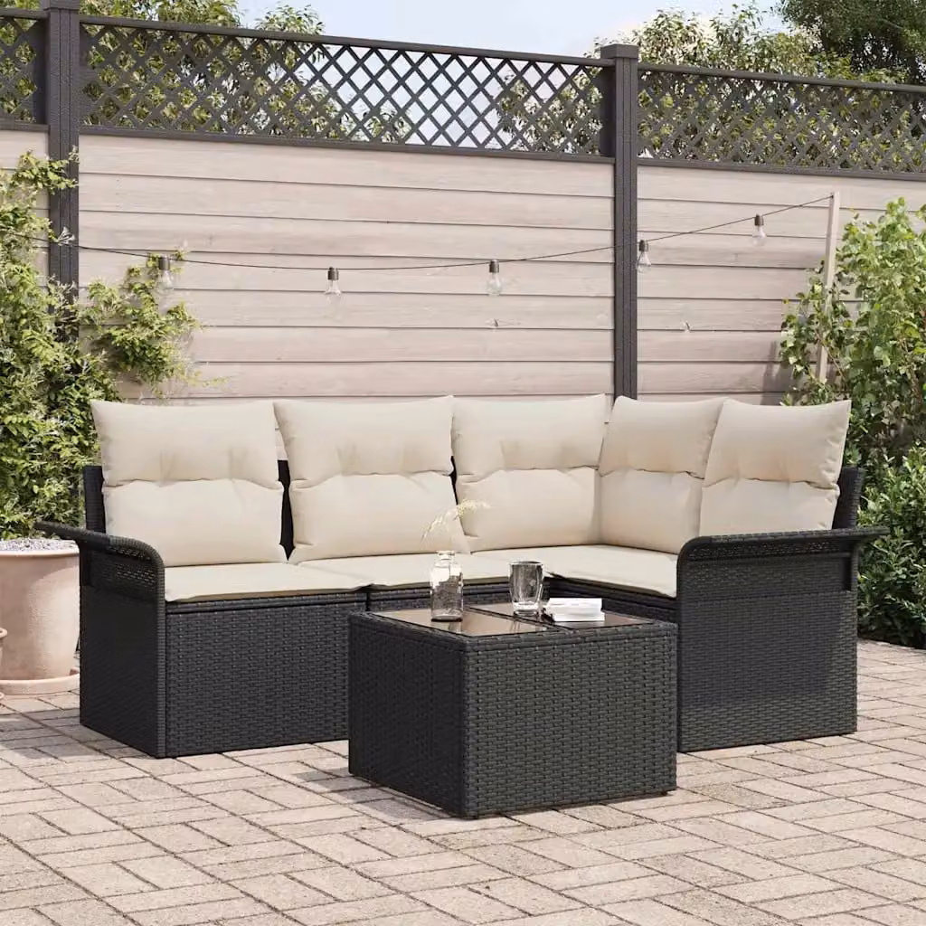 Set Divano da Giardino a L vidaXL 5 Pezzi Nero con Cuscini e Tavolino in Polyrattan e Metallo – 1